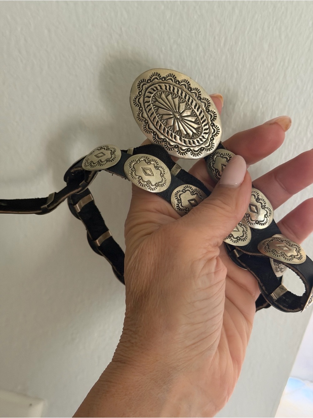 Western-Inspired Black Leather Belt with Silver tone Conchos made in Mexico